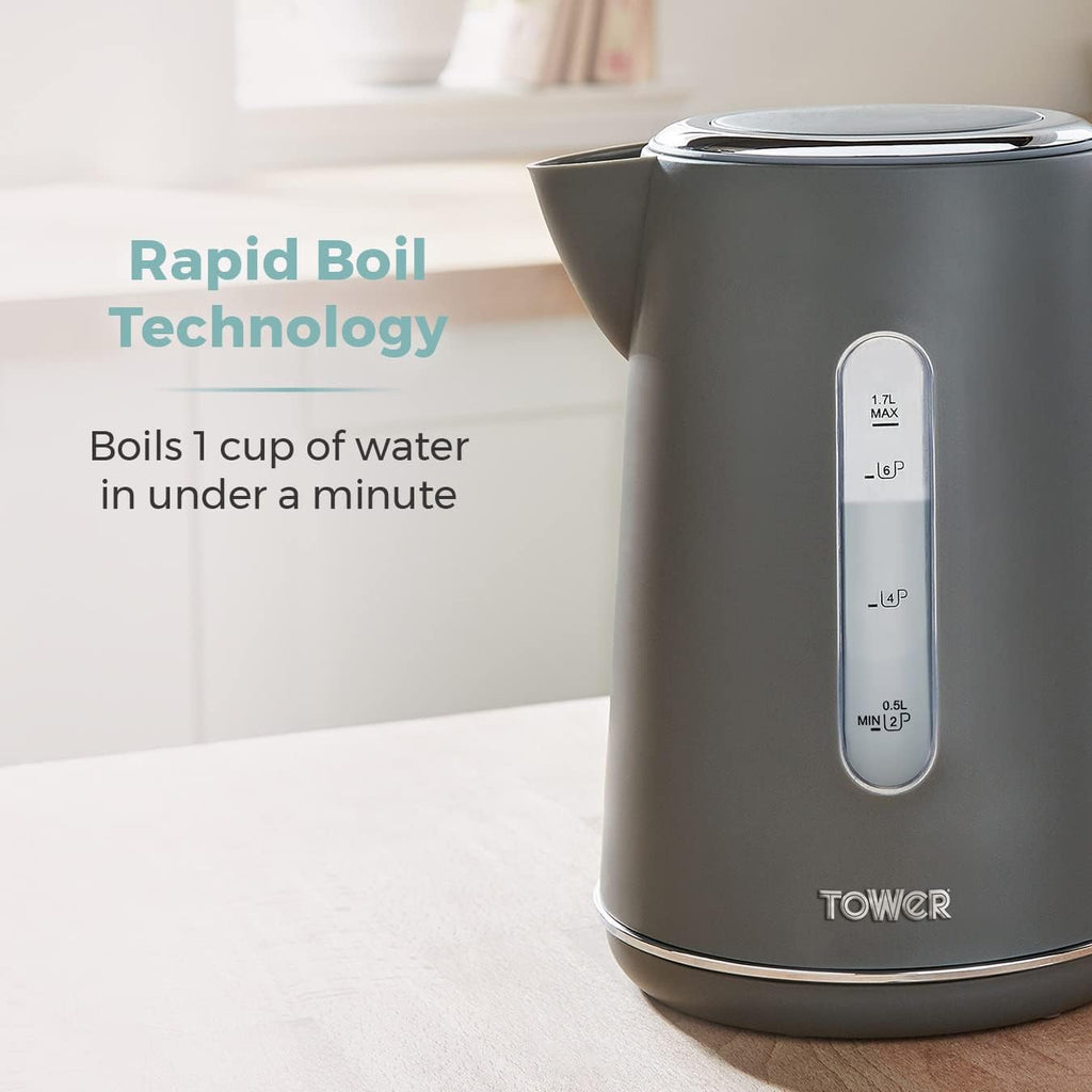Tested Tower Scandi T10037G Kettle with Rapid Boil and Boil Dry Protection, 1.7L, 3kW, Grey