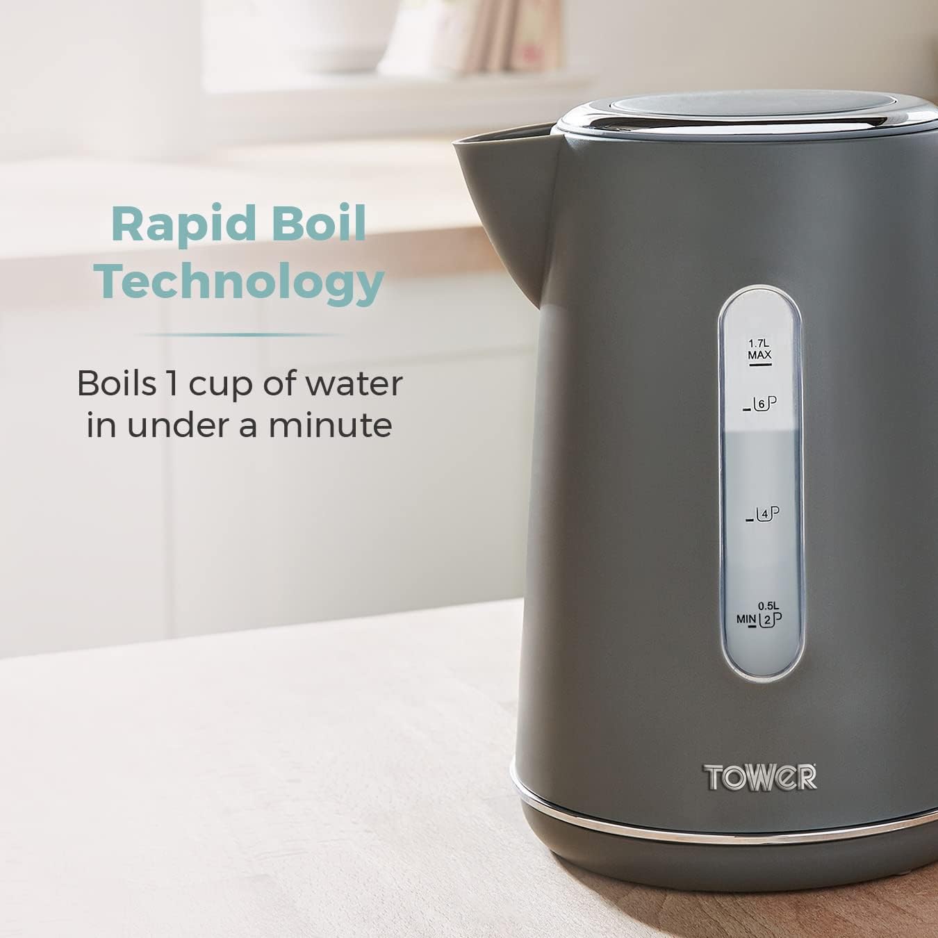 Tested Tower Scandi T10037G Kettle with Rapid Boil and Boil Dry Protection, 1.7L, 3kW, Grey
