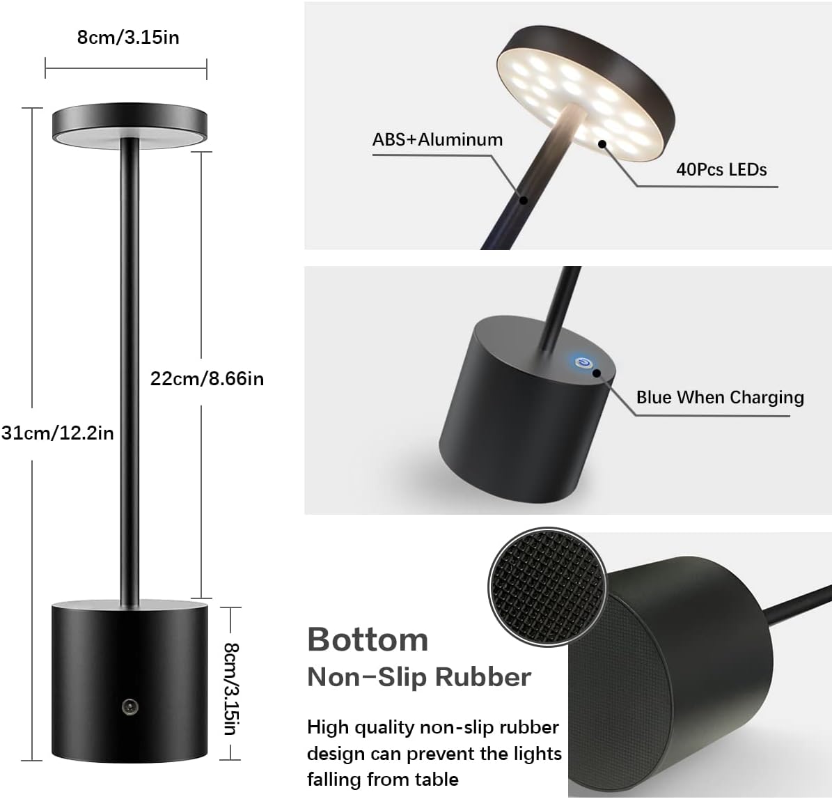 Rechargeable LED Table Lamp, 5000mAh Cordless Battery Operated Table Lamps, 3 Color Modes, USB Desk Light for Home, Dining, Bedside, Outdoor, Living Room -Black
