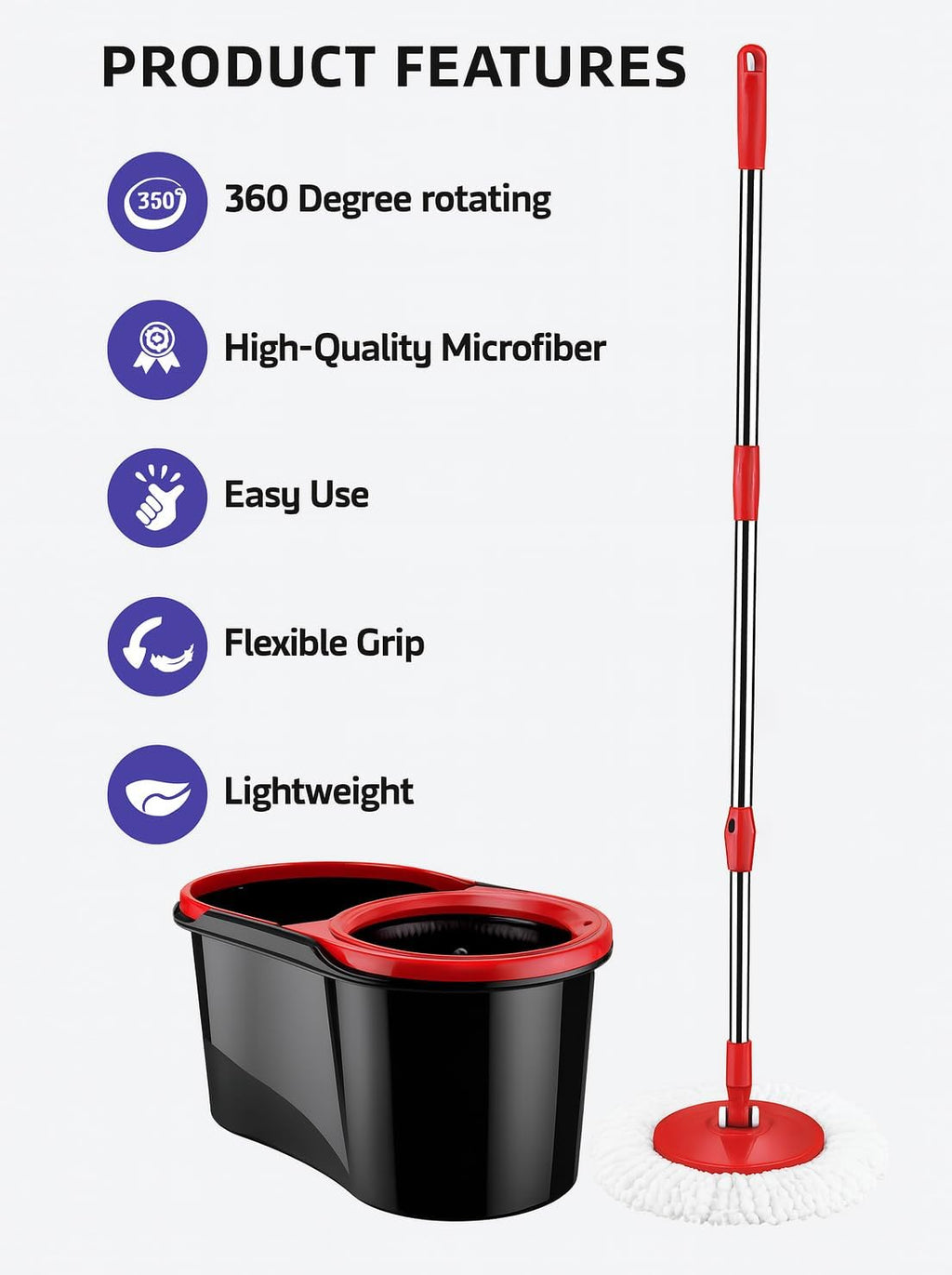 Spin Mop and Bucket Set | Microfibre Mop Head | Long Handle Extendable Stainless Steel | Floor Cleaning | 360° Rotating Mop with Easy Wringer | Wet and Dry