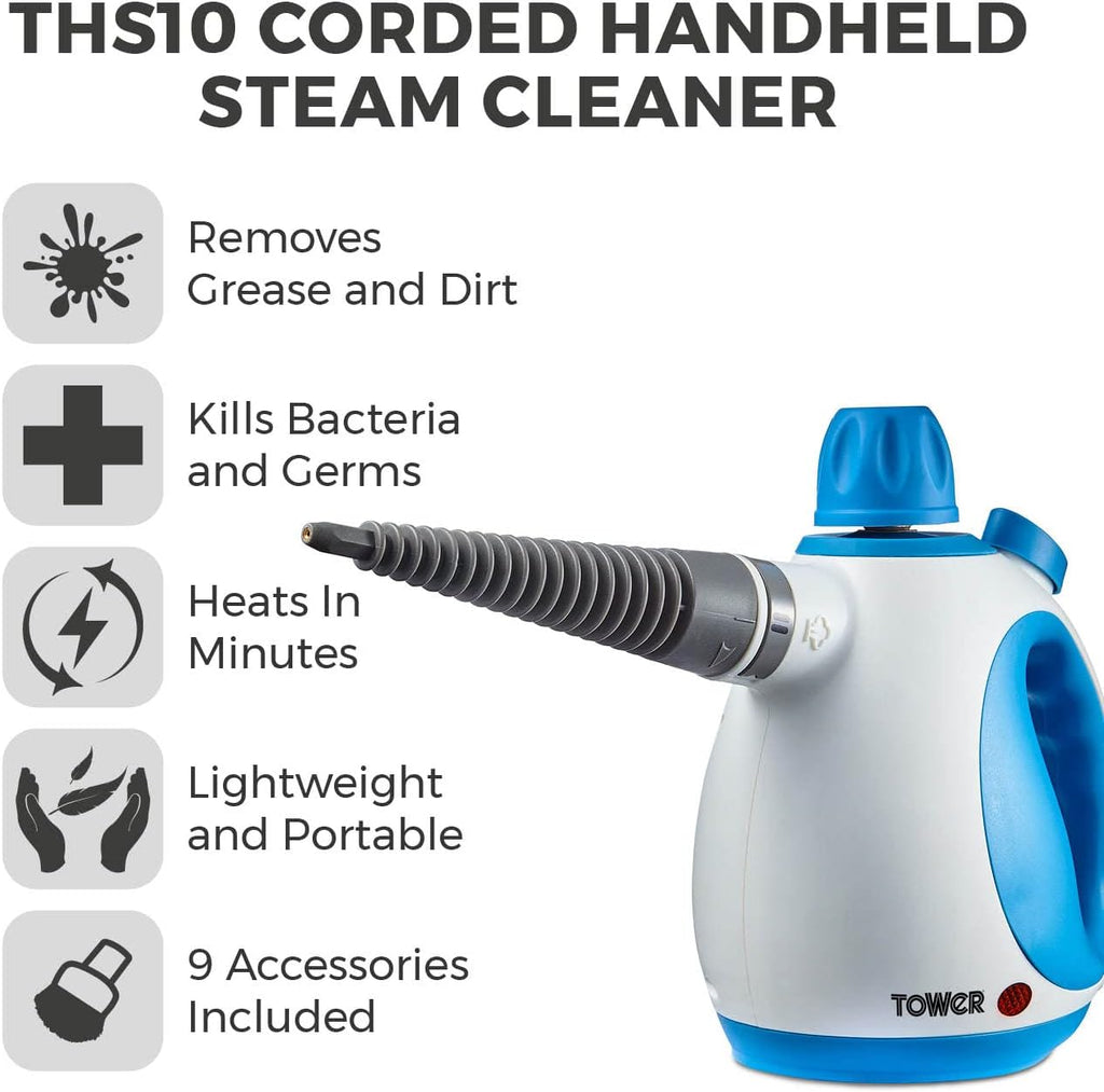 Tower THS10 Handheld Steam Cleaner, Includes Crevice Tool, Flexible Hose, 1050 W, Brush Tool, Microfiber Cloth, Blue, 250 ml Capacity