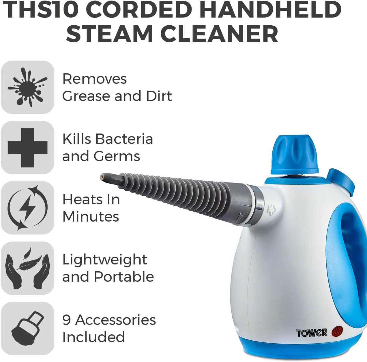 Tower THS10 Handheld Steam Cleaner, Includes Crevice Tool, Flexible Hose, 1050 W, Brush Tool, Microfiber Cloth, Blue, 250 ml Capacity