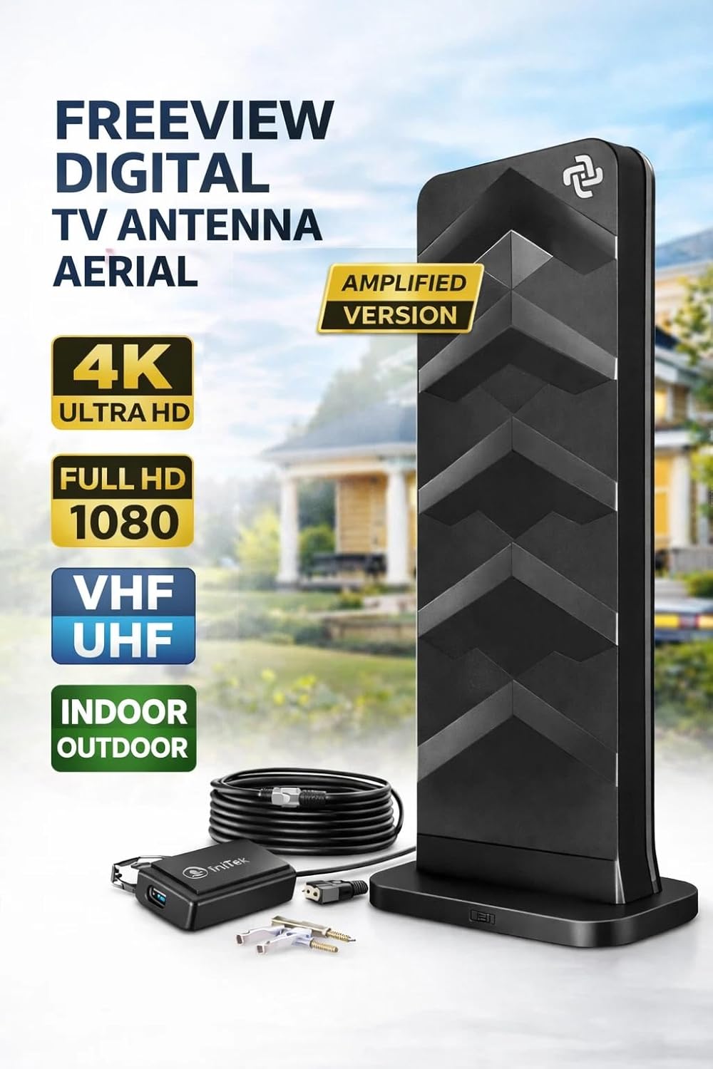 Freeview Digital TV Aerial Amplified Indoor Outdoor Antenna – Long Range HDTV Signal Booster for 4K & Full HD Channels – Compatible with Smart TVs, DVB-T/T2 Freeview, Portable Indoor or Outdoor Use