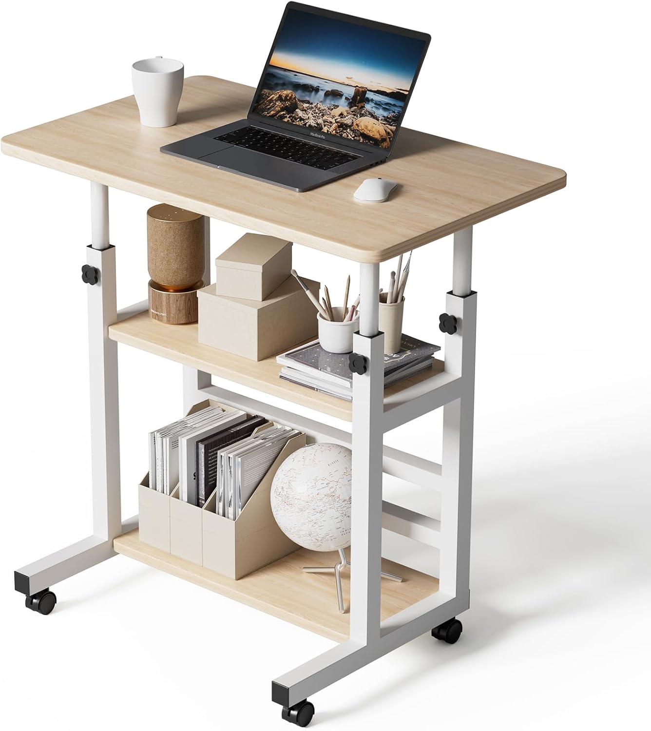 Height Adjustable Computer Desk Table Movable Office Desk with Wheels,Laptop Table Study Gaming Desktop Workstation 2 Shelves for Home Office Furniture