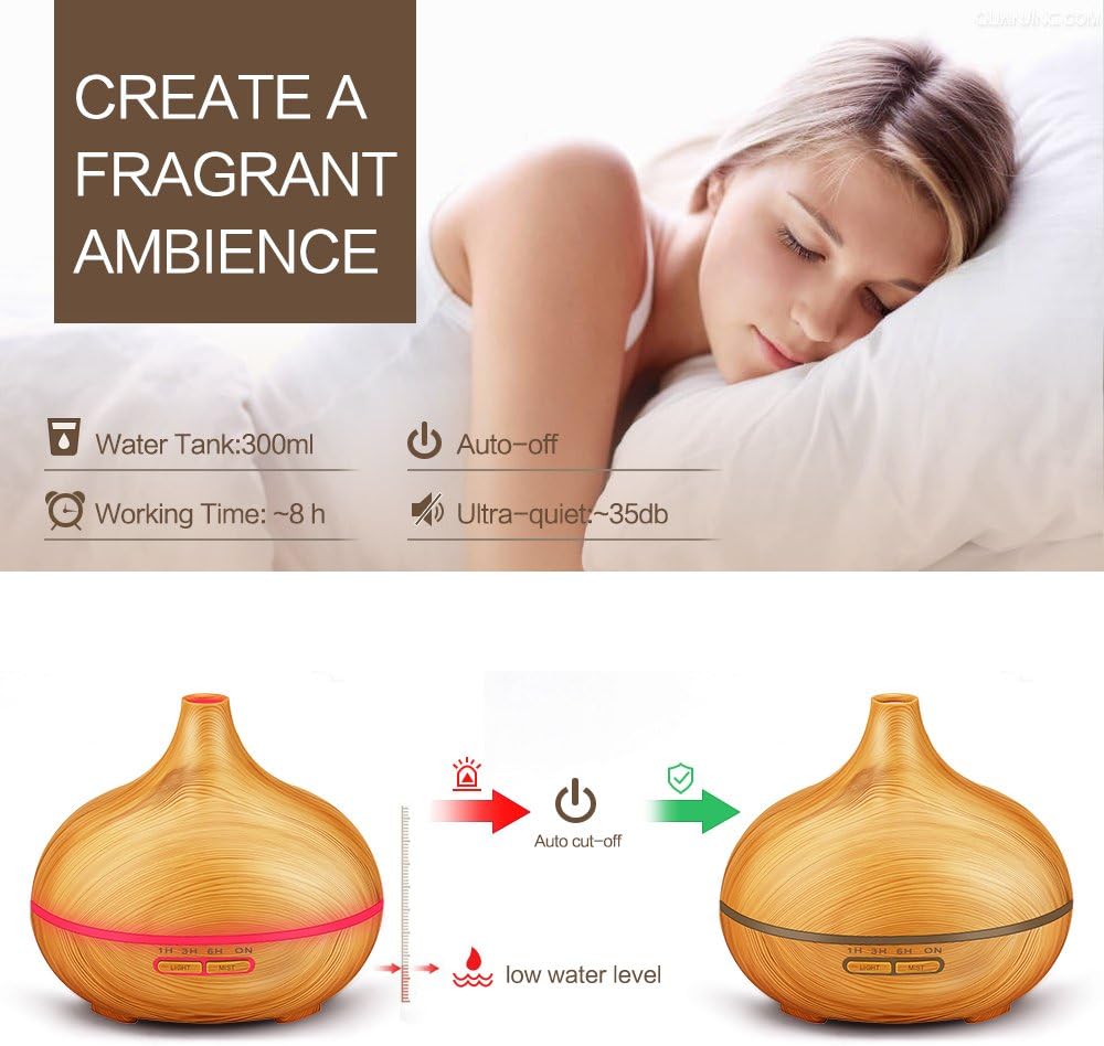 300ml Essential Oil Diffuser Aroma Diffuser Aromatherapy Ultrasonic Cool Mist Humidifier 7 Color LED Change for Office Home Bedroom Living Room Study Yoga Spa