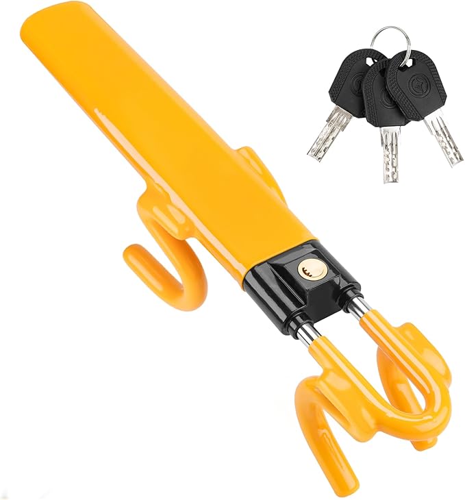 Steering Wheel Lock Twin Bar, Steering Lock, Car Anti-Theft Device, High Visibility, Heavy Duty, Universal Fit, Adjustable Length, Keys(Yellow)