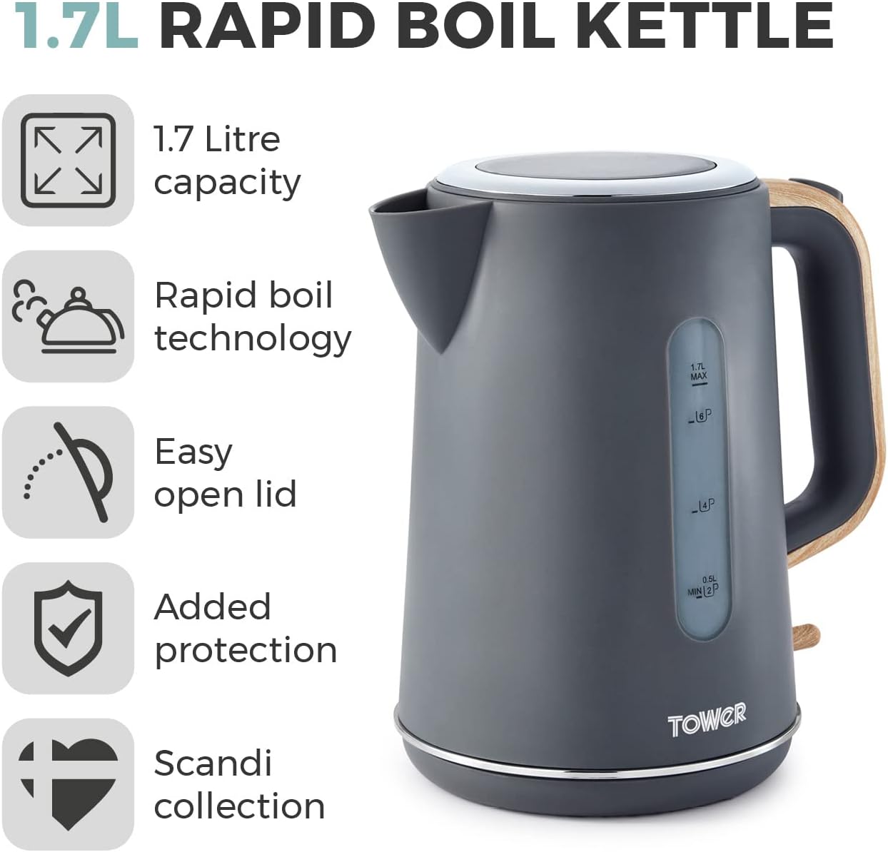 Tested Tower Scandi T10037G Kettle with Rapid Boil and Boil Dry Protection, 1.7L, 3kW, Grey