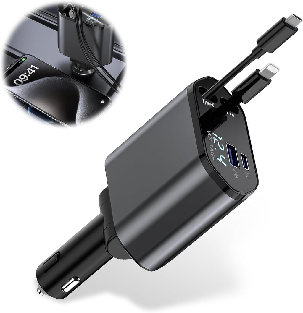 Retractable Car Charger, 4-in-1 Car Phone Charger 120W Fast Charge with 2 Retractable Cables and 2 USB Ports, Multi-Device Car Phone Charger Adapter for Cars, Trucks and Vans, Multifunctional