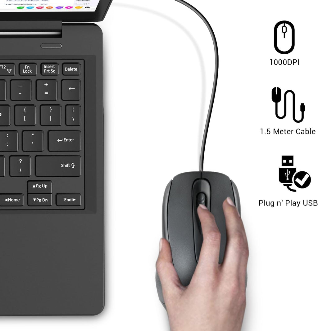 Wired USB 2.0 Computer Mouse - Ambidextrous Optical Wired Mice for Laptop, Computer, Macbook, Gaming, Working - 2.4Ghz Small Silent Black 1000 DPI Mouse with 3-Buttons and Scroll Wheel