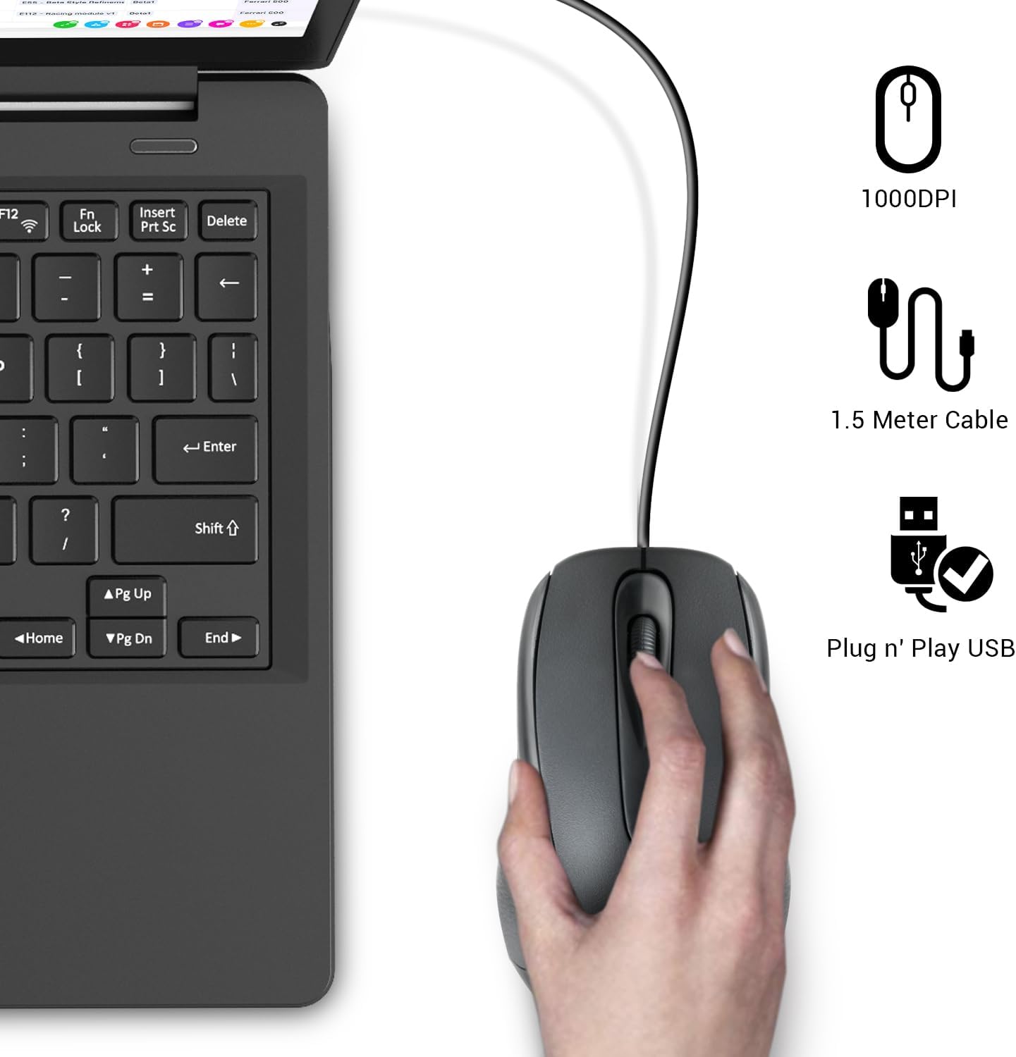 Wired USB 2.0 Computer Mouse - Ambidextrous Optical Wired Mice for Laptop, Computer, Macbook, Gaming, Working - 2.4Ghz Small Silent Black 1000 DPI Mouse with 3-Buttons and Scroll Wheel