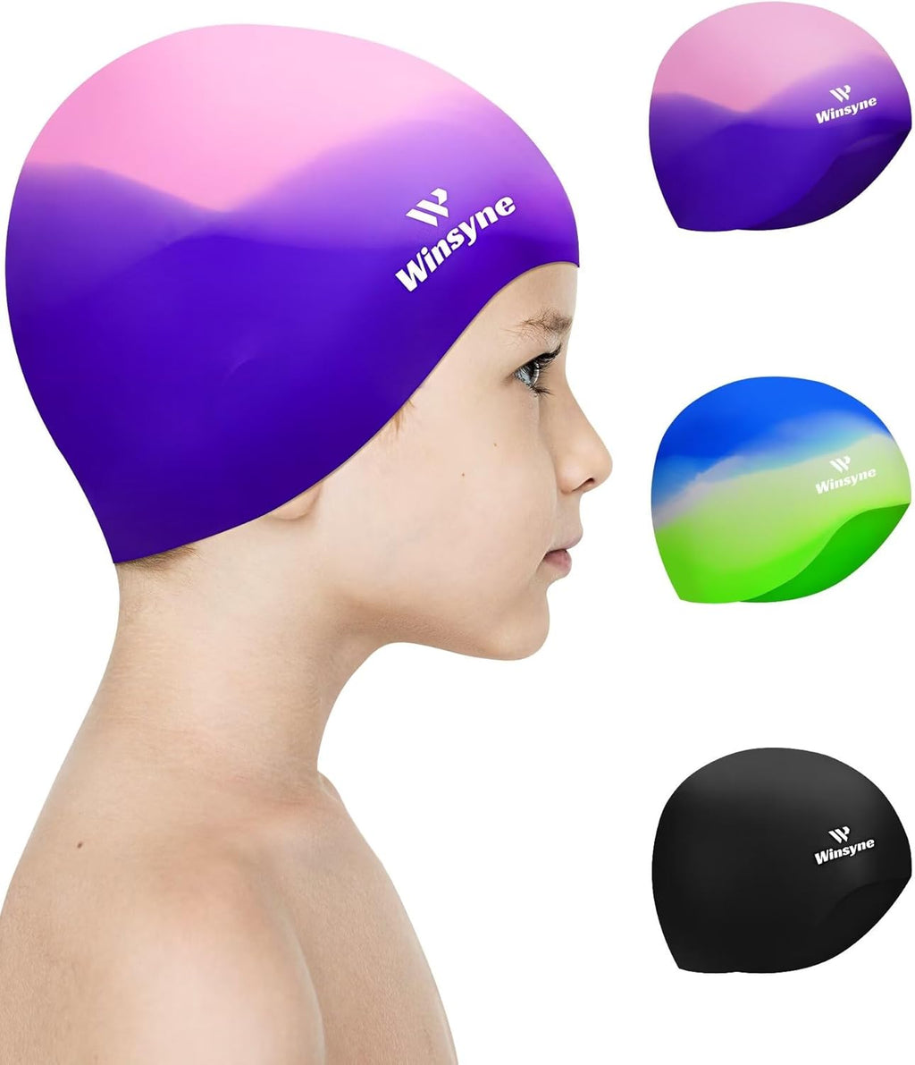 3-Pack Kids Swim Caps for Boys and Girls, Unisex Silicone Swimming Caps for Children Ages 3–15, Waterproof Swim Caps for Short or Long Hair to Help Keep Hair Dry