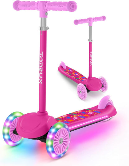 Kids Scooter for Ages 3-5, Toddler Scooter with Light-Up Deck and Wheels, Adjustable 4-Level Height 3-Wheel Scooters for Kids, Lean-to-Steer Design