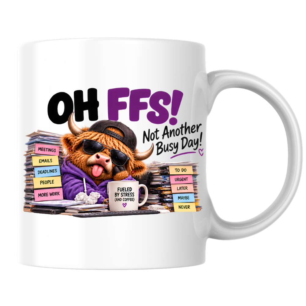 Highland Cow Busy Day Mug "OH FFS! Not Another Busy Day!" Oh Ffs! Not Another Busy Day! 325ml Ceramic Coffee Mug – Cute Highland Cow at Messy Office Desk with Stacks of Files & Coffee Mug | Funny Workplace Gift | Fast Dispatch by UK Seller (M3383)