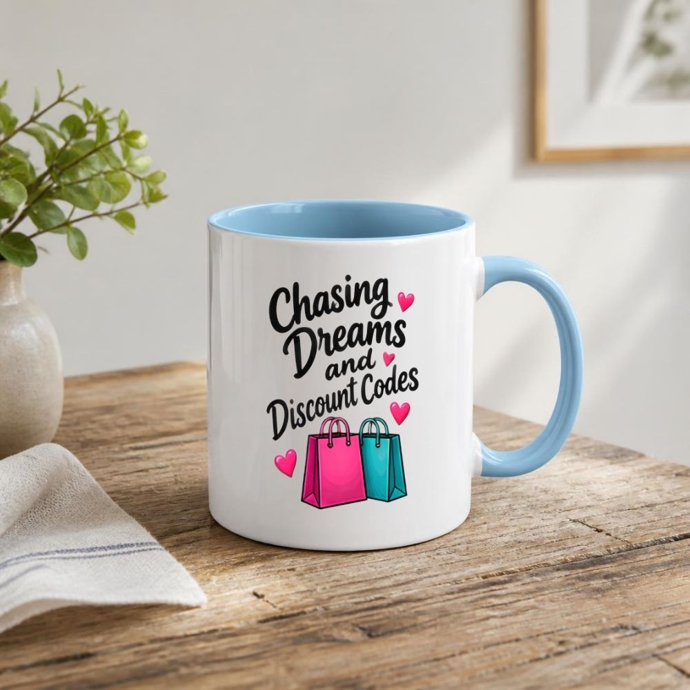 Humorous Mug "Chasing Dreams and Discount Codes" 325ml Ceramic Coffee Mug Funny Shopping Lover Tea Cup with Pink & Teal Shopping Bags & Hearts Graphic Gift | Available in Multicolours | Fast Dispatch by UK Seller (M1316)
