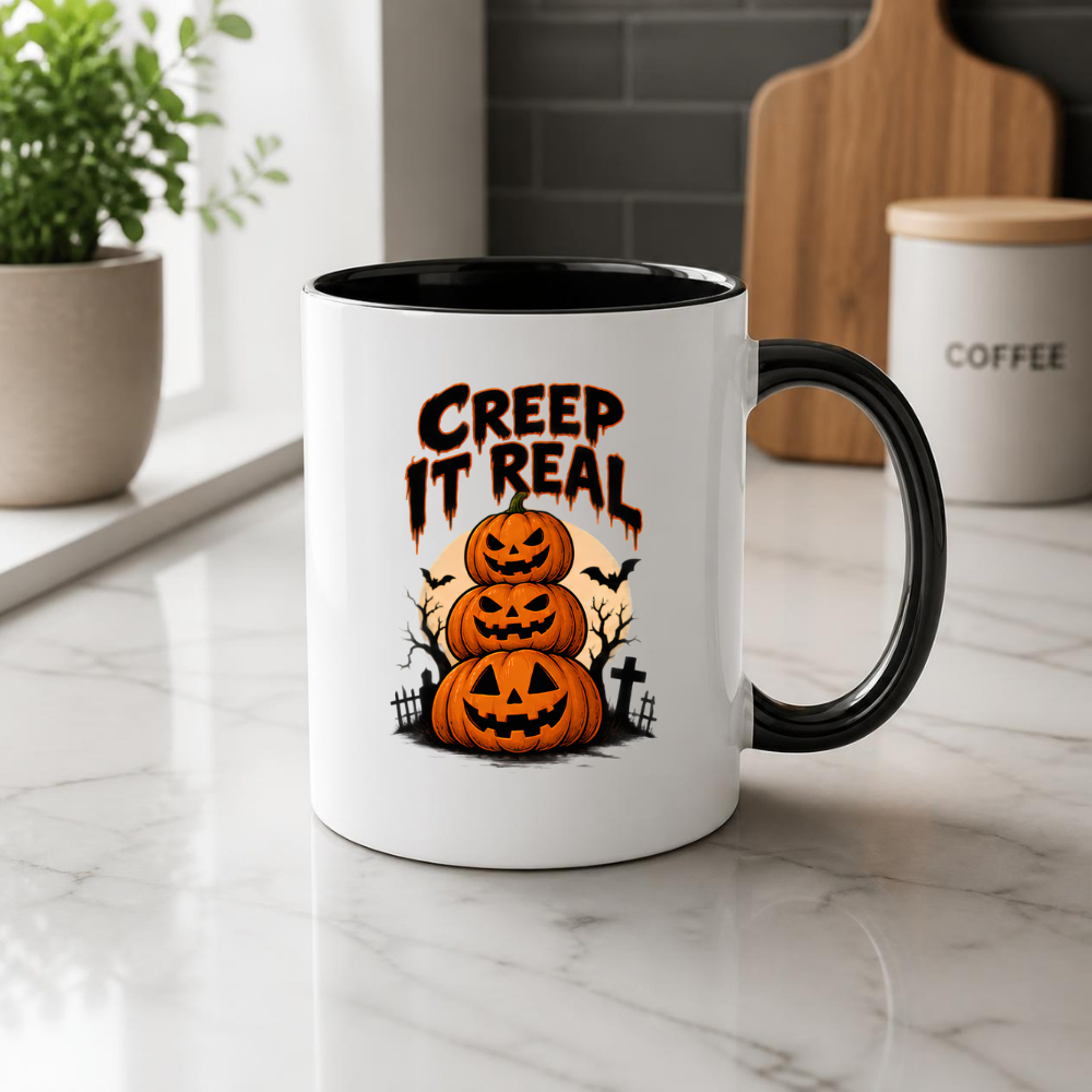 Halloween Mug "CREEP IT Real" Pumpkin Stack 325ml Ceramic Coffee Mug – Novelty Autumn Tea Cup with Jack-o'-Lantern Trio & Graveyard Graphic Gift | Available in Multicolours | Fast Dispatch by UK Seller (M3073)