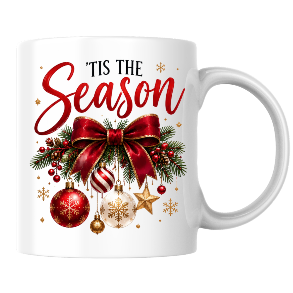 Christmas Bow Ornaments Mug "'Tis The Season" 'Tis The Season 325ml Ceramic Coffee Mug – Festive Red Bow with Hanging Baubles, Stars & Pine Branches | Holiday Gift | Fast Dispatch by UK Seller (M3401)