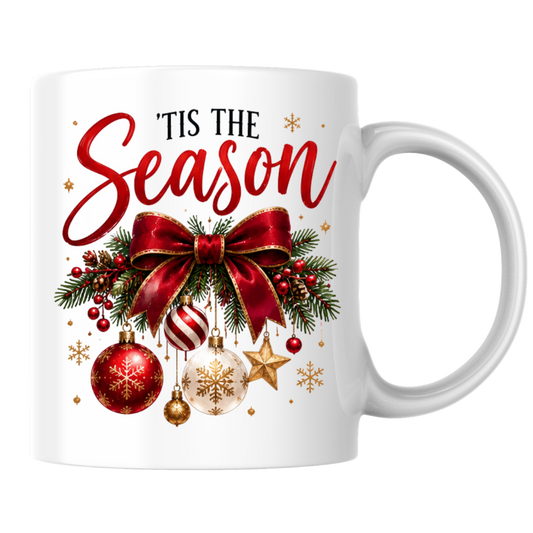 Christmas Bow Ornaments Mug "'Tis The Season" 'Tis The Season 325ml Ceramic Coffee Mug – Festive Red Bow with Hanging Baubles, Stars & Pine Branches | Holiday Gift | Fast Dispatch by UK Seller (M3401)