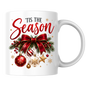 Christmas Bow Ornaments Mug "'Tis The Season" 'Tis The Season 325ml Ceramic Coffee Mug – Festive Red Bow with Hanging Baubles, Stars & Pine Branches | Holiday Gift | Fast Dispatch by UK Seller (M3401)