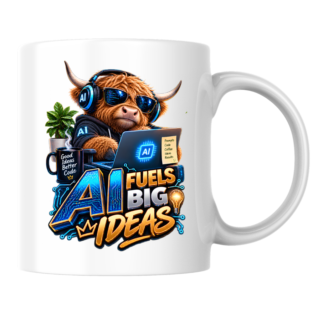 Tech Mug "AI Fuels Big Ideas" AI Fuels Big Ideas 325ml Ceramic Coffee Mug – Funny Highland Cow IT Programmer Mug with Good Ideas Better Code & Laptop | Gift for Developers | Fast Dispatch by UK Seller (M3329)