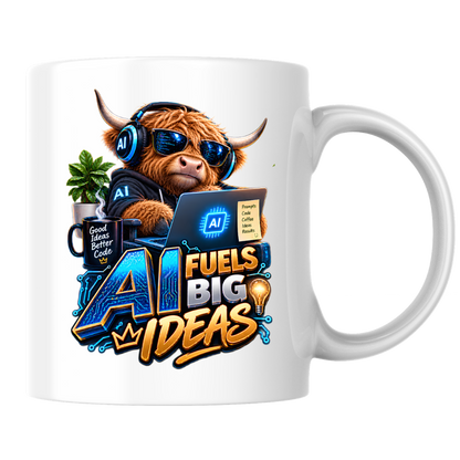 Tech Mug "AI Fuels Big Ideas" AI Fuels Big Ideas 325ml Ceramic Coffee Mug – Funny Highland Cow IT Programmer Mug with Good Ideas Better Code & Laptop | Gift for Developers | Fast Dispatch by UK Seller (M3329)
