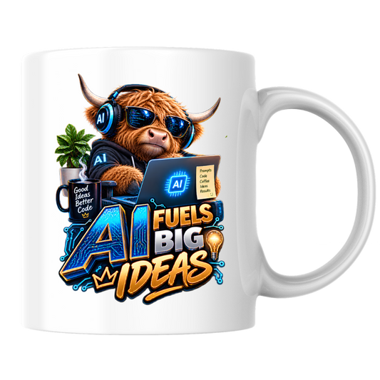Tech Mug "AI Fuels Big Ideas" AI Fuels Big Ideas 325ml Ceramic Coffee Mug – Funny Highland Cow IT Programmer Mug with Good Ideas Better Code & Laptop | Gift for Developers | Fast Dispatch by UK Seller (M3329)