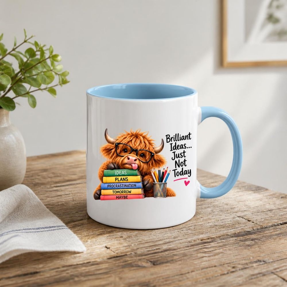 Humorous Mug "Brilliant Ideas... Just Not Today" Highland Cow 325ml Ceramic Coffee Mug Cute Animal Tea Cup with Glasses, Stacked Books & Pencils | Available in Multicolours | Fast Dispatch by UK Seller (M1281)