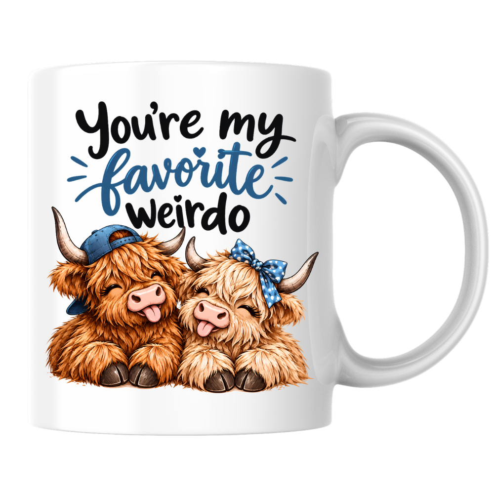 Funny Highland Cow Mug "You're My Favorite Weirdo" You're My Favorite Weirdo 325ml Ceramic Coffee Mug – Cute Couple Highland Cows with Blue Baseball Cap & Polka Dot Bow | Romantic & Funny Gift | Fast Dispatch by UK Seller (M3454)