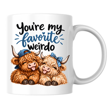 Funny Highland Cow Mug "You're My Favorite Weirdo" You're My Favorite Weirdo 325ml Ceramic Coffee Mug – Cute Couple Highland Cows with Blue Baseball Cap & Polka Dot Bow | Romantic & Funny Gift | Fast Dispatch by UK Seller (M3454)