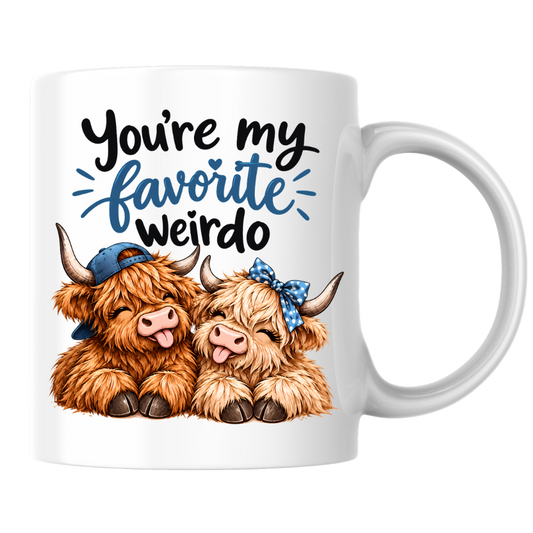 Funny Highland Cow Mug "You're My Favorite Weirdo" You're My Favorite Weirdo 325ml Ceramic Coffee Mug – Cute Couple Highland Cows with Blue Baseball Cap & Polka Dot Bow | Romantic & Funny Gift | Fast Dispatch by UK Seller (M3454)