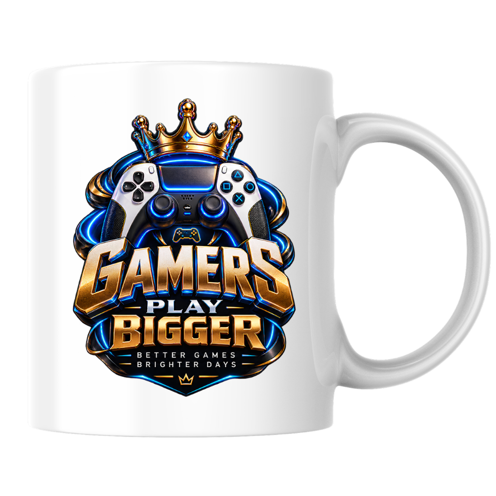 Gaming Mug "Gamers Play Bigger" Gamers Play Bigger 325ml Ceramic Coffee Mug – Royal Gold & Blue Gaming Controller Crest with Crown & Slogan | Video Game Gift | Fast Dispatch by UK Seller (M3349)