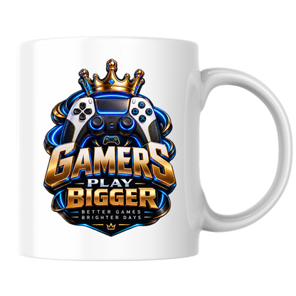 Gaming Mug "Gamers Play Bigger" Gamers Play Bigger 325ml Ceramic Coffee Mug – Royal Gold & Blue Gaming Controller Crest with Crown & Slogan | Video Game Gift | Fast Dispatch by UK Seller (M3349)