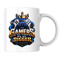 Gaming Mug "Gamers Play Bigger" Gamers Play Bigger 325ml Ceramic Coffee Mug – Royal Gold & Blue Gaming Controller Crest with Crown & Slogan | Video Game Gift | Fast Dispatch by UK Seller (M3349)