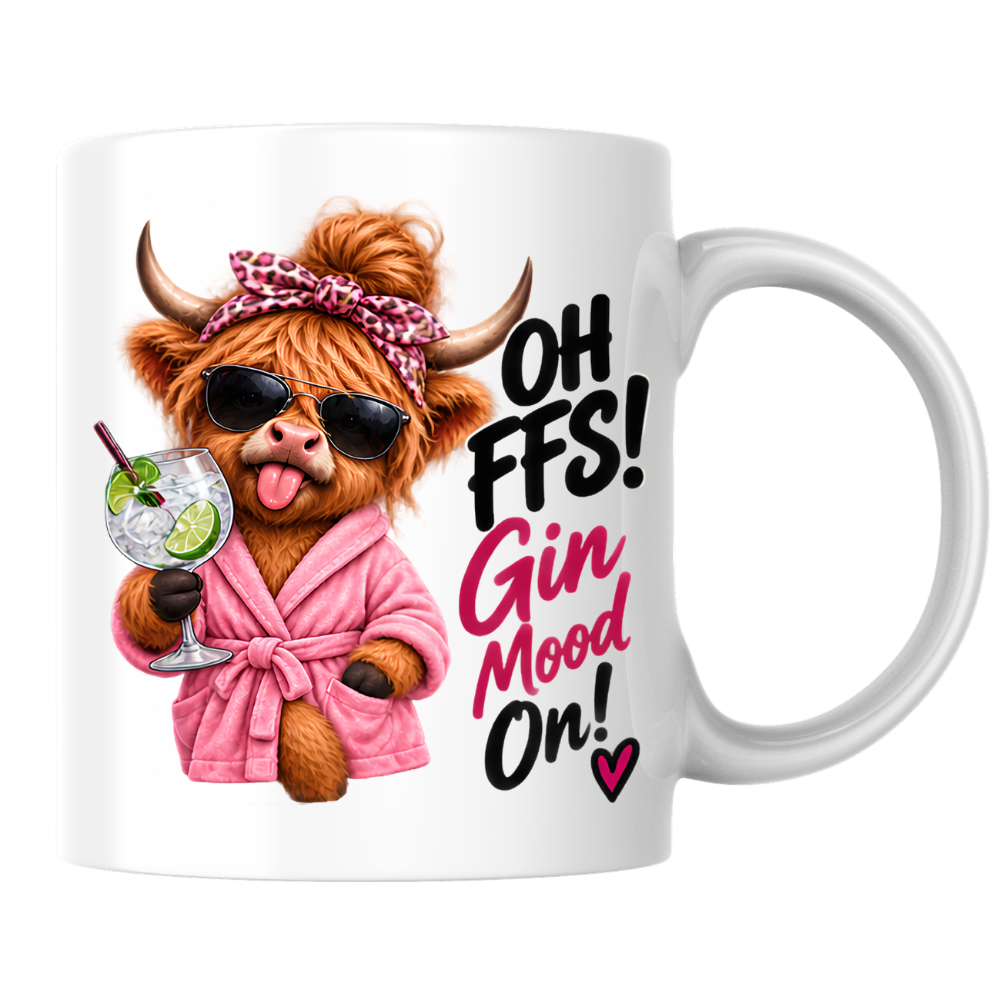 Highland Cow Gin Lover Mug "Oh FFS Gin Mood On!" Oh FFS! Gin Mood On! 325ml Ceramic Coffee Mug – Cute Highland Cow in Pink Bathrobe & Leopard Bow Holding Gin & Tonic Cocktail Glass | Funny Gift | Fast Dispatch by UK Seller (M3391)