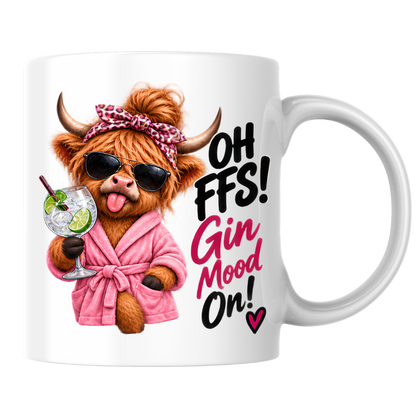 Highland Cow Gin Lover Mug "Oh FFS Gin Mood On!" Oh FFS! Gin Mood On! 325ml Ceramic Coffee Mug – Cute Highland Cow in Pink Bathrobe & Leopard Bow Holding Gin & Tonic Cocktail Glass | Funny Gift | Fast Dispatch by UK Seller (M3391)