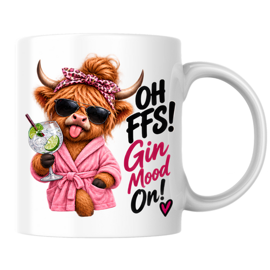 Highland Cow Gin Lover Mug "Oh FFS Gin Mood On!" Oh FFS! Gin Mood On! 325ml Ceramic Coffee Mug – Cute Highland Cow in Pink Bathrobe & Leopard Bow Holding Gin & Tonic Cocktail Glass | Funny Gift | Fast Dispatch by UK Seller (M3391)