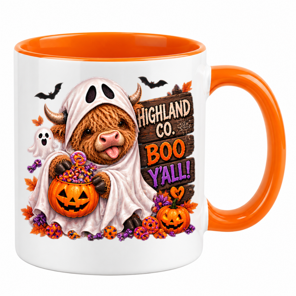Halloween Mug "Highland Cow Ghost Boo Y'all" Highland Cow Ghost Boo Y'all 325ml Ceramic Coffee Mug – Cute Halloween Autumn Tea Cup with Ghost Sheet Highland Cow Jack O Lantern Candy Bucket Bats Graphic Gift | Fast Dispatch by UK Seller (M3212)