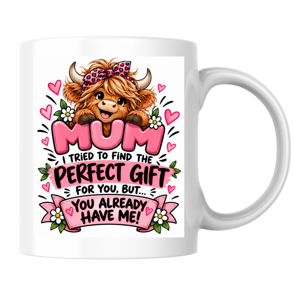 Funny Highland Cow Mug "Mum I Tried To Find The Perfect Gift" Mum I Tried To Find The Perfect Gift For You 325ml Ceramic Coffee Mug –Cute Highland Cow with Leopard Bandana & Floral Ribbon | Mother's Day & Birthday Gift | Fast Dispatch by UK Seller (M3447)