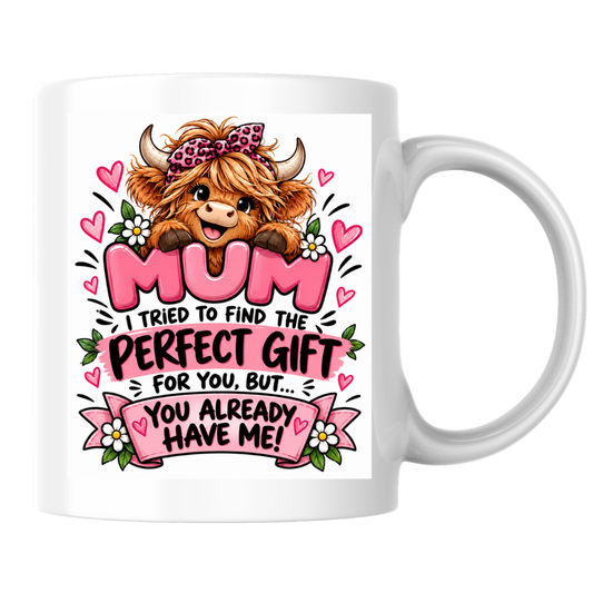 Funny Highland Cow Mug "Mum I Tried To Find The Perfect Gift" Mum I Tried To Find The Perfect Gift For You 325ml Ceramic Coffee Mug –Cute Highland Cow with Leopard Bandana & Floral Ribbon | Mother's Day & Birthday Gift | Fast Dispatch by UK Seller (M3447)