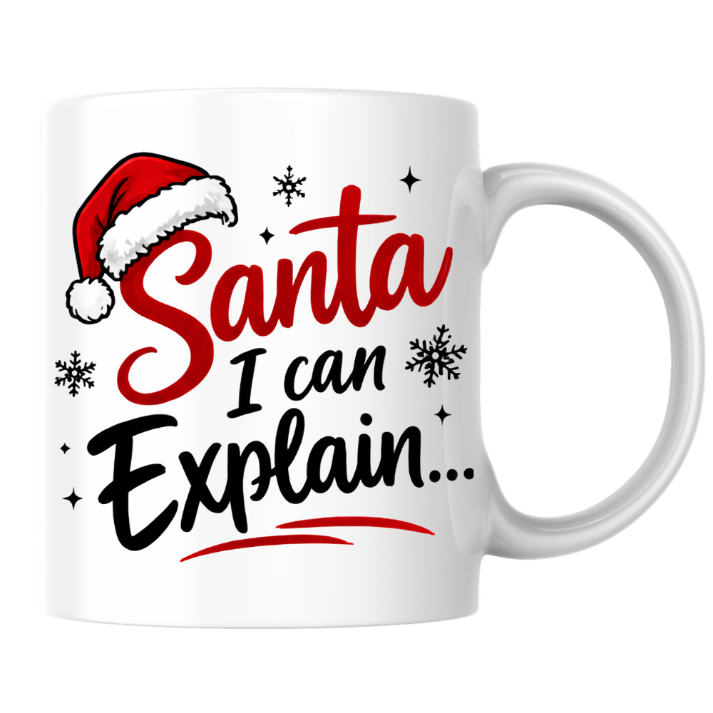 Funny Christmas Mug "Santa I Can Explain..." Santa I Can Explain... 325ml Ceramic Coffee Mug – Festive Humor Slogan with Red Santa Hat, Snowflakes & Star Sparkles | Winter Holiday Gift | Fast Dispatch by UK Seller (M3434)