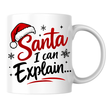Funny Christmas Mug "Santa I Can Explain..." Santa I Can Explain... 325ml Ceramic Coffee Mug – Festive Humor Slogan with Red Santa Hat, Snowflakes & Star Sparkles | Winter Holiday Gift | Fast Dispatch by UK Seller (M3434)