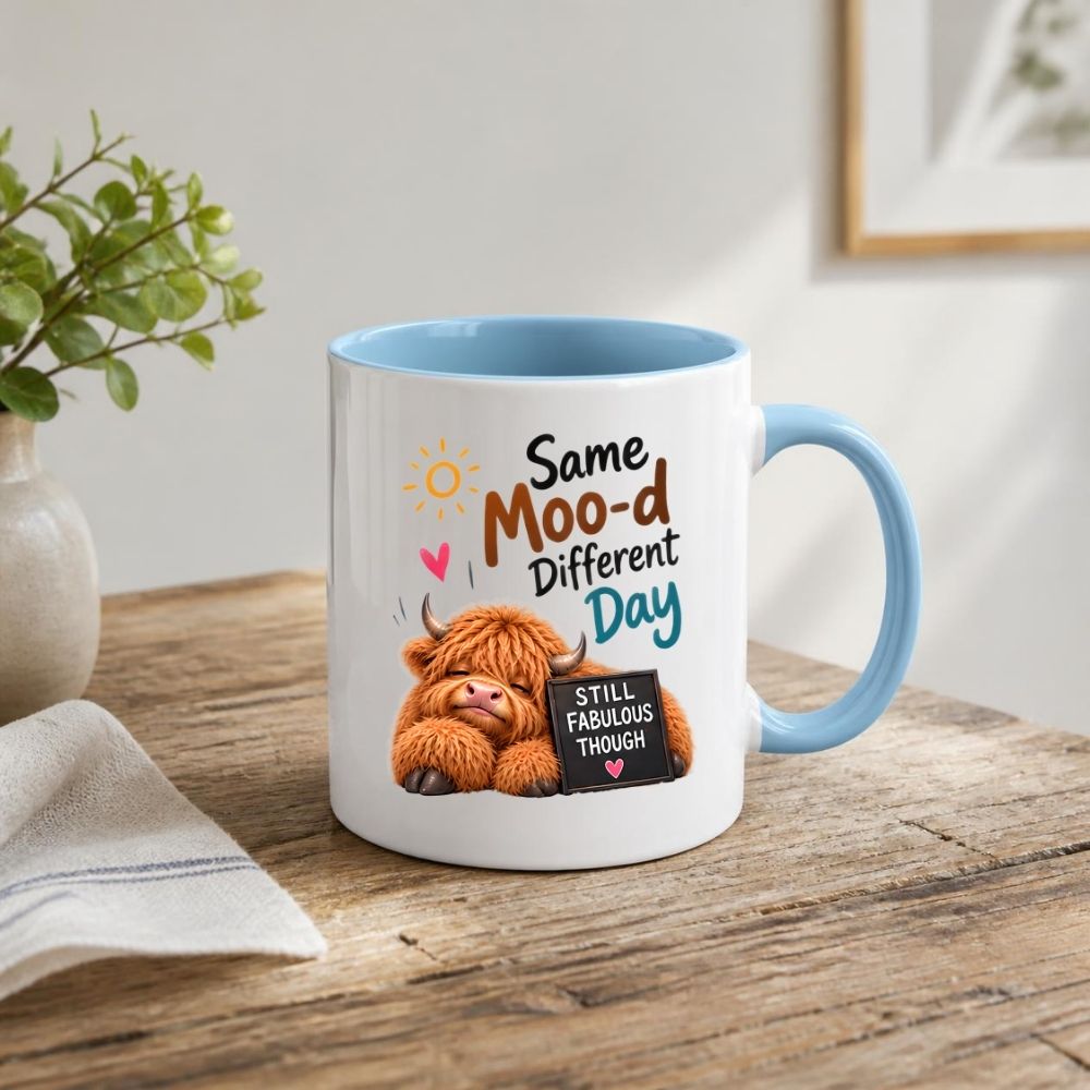Humorous Mug "Same Moo-d Different Day" Highland Cow 325ml Ceramic Coffee Mug Funny Sassy Tea Cup with Still Fabulous Sign, Sun & Hearts Gift | Available in Multicolours | Fast Dispatch by UK Seller (M1287)