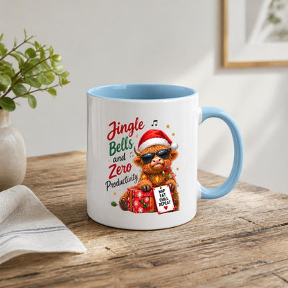 Festive Mug "Jingle Bells and Zero Productivity" Highland Cow 325ml Ceramic Coffee Mug Funny Christmas Holiday Tea Cup with Sunglasses, Fairy Lights & Gift Tag | Available in Multicolours | Fast Dispatch by UK Seller (M1294)