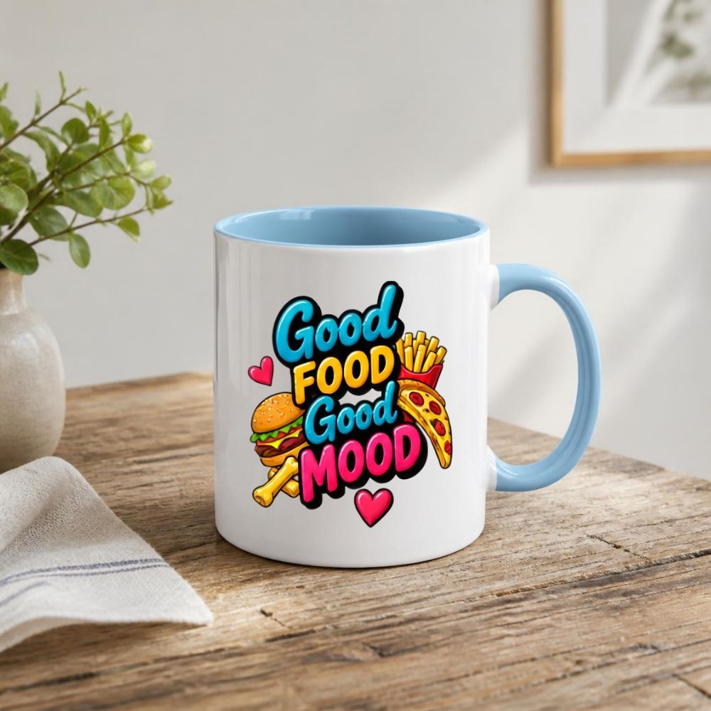 Foodie Mug "Good Food Good Mood" 325ml Ceramic Coffee Mug Cute Fast Food Lover Tea Cup with Burger, Pizza Slice & Fries Gift | Available in Multicolours | Fast Dispatch by UK Seller (M1308)
