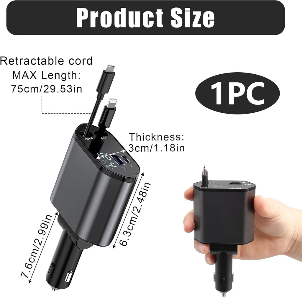 Retractable Car Charger, 4-in-1 Car Phone Charger 120W Fast Charge with 2 Retractable Cables and 2 USB Ports, Multi-Device Car Phone Charger Adapter for Cars, Trucks and Vans, Multifunctional