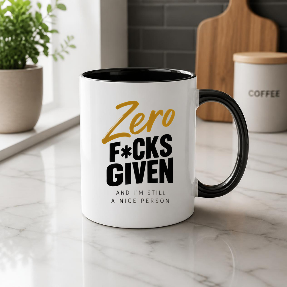 Sarcastic Mug "Zero F*CKS GIVEN And I'M Still A Nice Person" Gold Cursive Typography 325ml Ceramic Coffee Mug – Funny Swearing Tea Cup with Mustard Yellow Text Gift | Available in Multicolours | Fast Dispatch by UK Seller (M3065)
