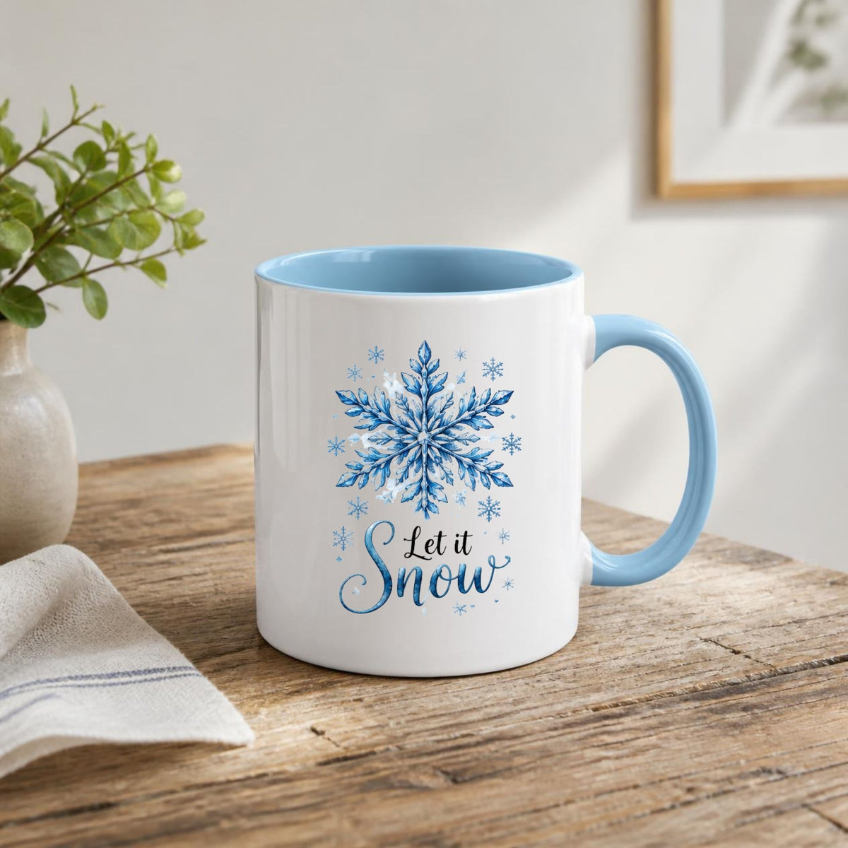 Elegant Mug "Let It Snow" Blue Snowflake 325ml Ceramic Coffee Mug Winter Holiday Tea Cup with Watercolor Crystal Design & Frosty Slogan Gift | Available in Multicolours | Fast Dispatch by UK Seller (M1250)