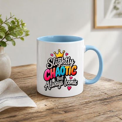 Sassy Mug "Slightly Chaotic But Always Iconic" 325ml Ceramic Coffee Mug Cute Bold Typography Tea Cup with Gold Crown & Pink Hearts Gift | Available in Multicolours | Fast Dispatch by UK Seller (M1301)