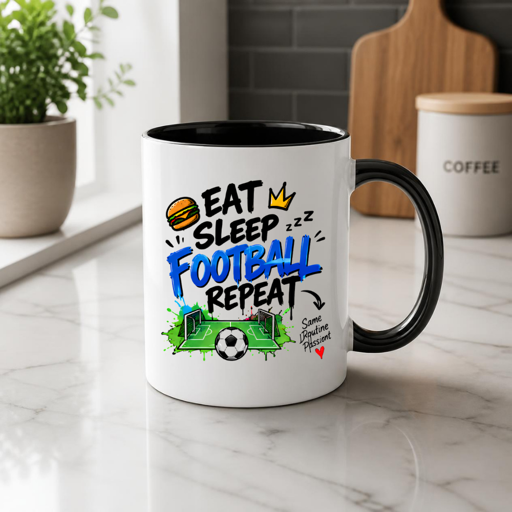 Football Mug "EAT SLEEP FOOTBALL REPEAT" Pitch Graphic 325ml Ceramic Coffee Mug Sporty Routine Tea Cup with Burger, Crown, Pitch & "Same Routine Passion" Graphic Gift | Available in Multicolours | Fast Dispatch by UK Seller (M3097)