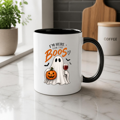 Halloween Mug "I'M HERE FOR THE BOOS" Wine Ghost 325ml Ceramic Coffee Mug Cute Ghost Tea Cup with Pumpkin & Wine Glass Graphic Gift | Available in Multicolours | Fast Dispatch by UK Seller (M3081)