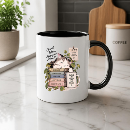 Inspirational Cat Mug "Good Ideas Happen Here" Sleeping Kitten & Books 325ml Ceramic Coffee Mug – Mindful Tea Cup with Greenery and Mug Graphic Gift | Available in Multicolours | Fast Dispatch by UK Seller (M3049)